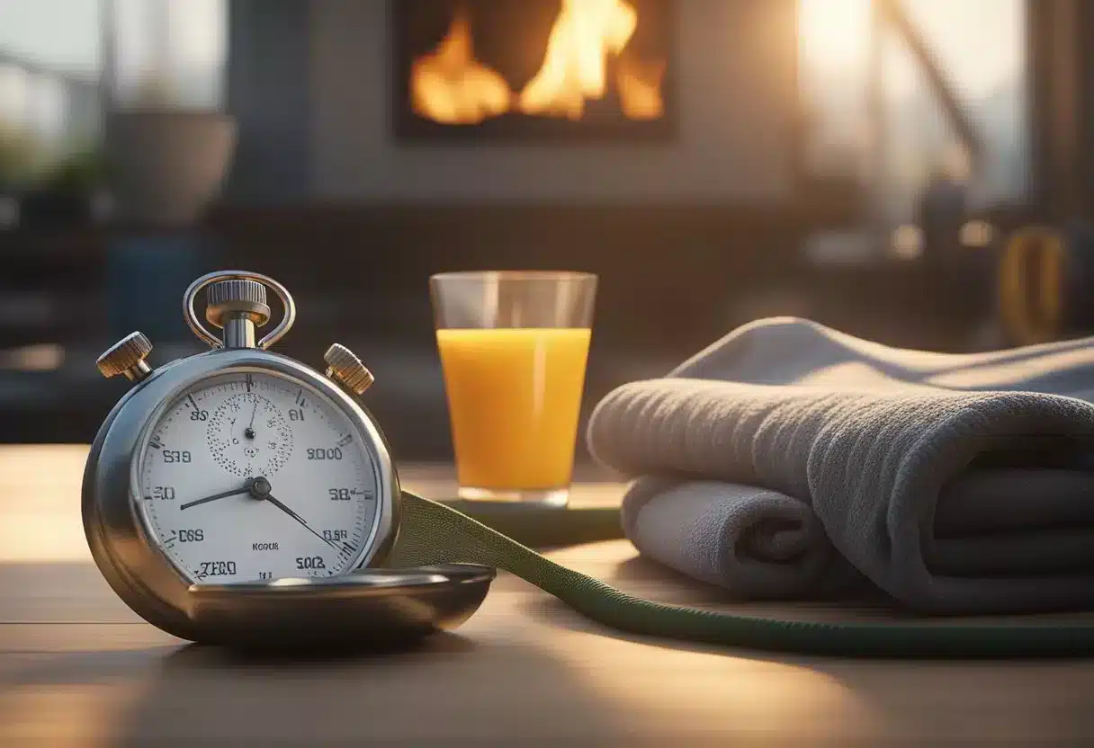 A stopwatch next to a burning flame, surrounded by workout equipment and a sweat-drenched towel