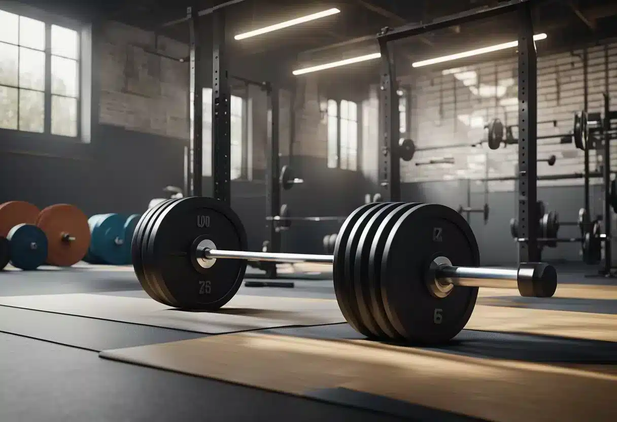A weightlifting gym with a barbell, plates, and a stopwatch. Sweat drips down the equipment, indicating a high-intensity workout