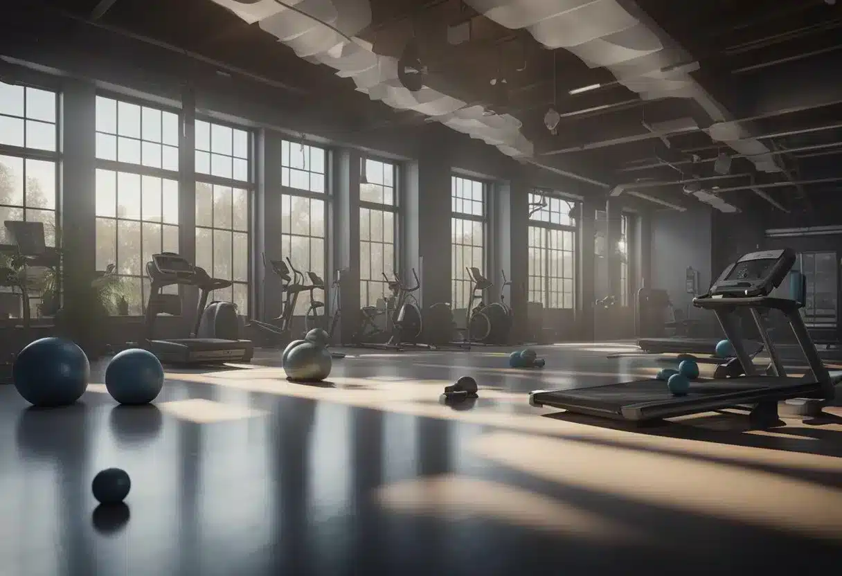 A gym with equipment, empty water bottles, and sweat towels scattered around. The room is dimly lit, with a sense of exhaustion and determination in the air