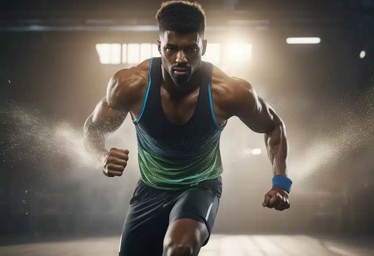 A person exercising with high intensity. Sweat drips down their face. Heart rate is elevated. Muscles are working hard