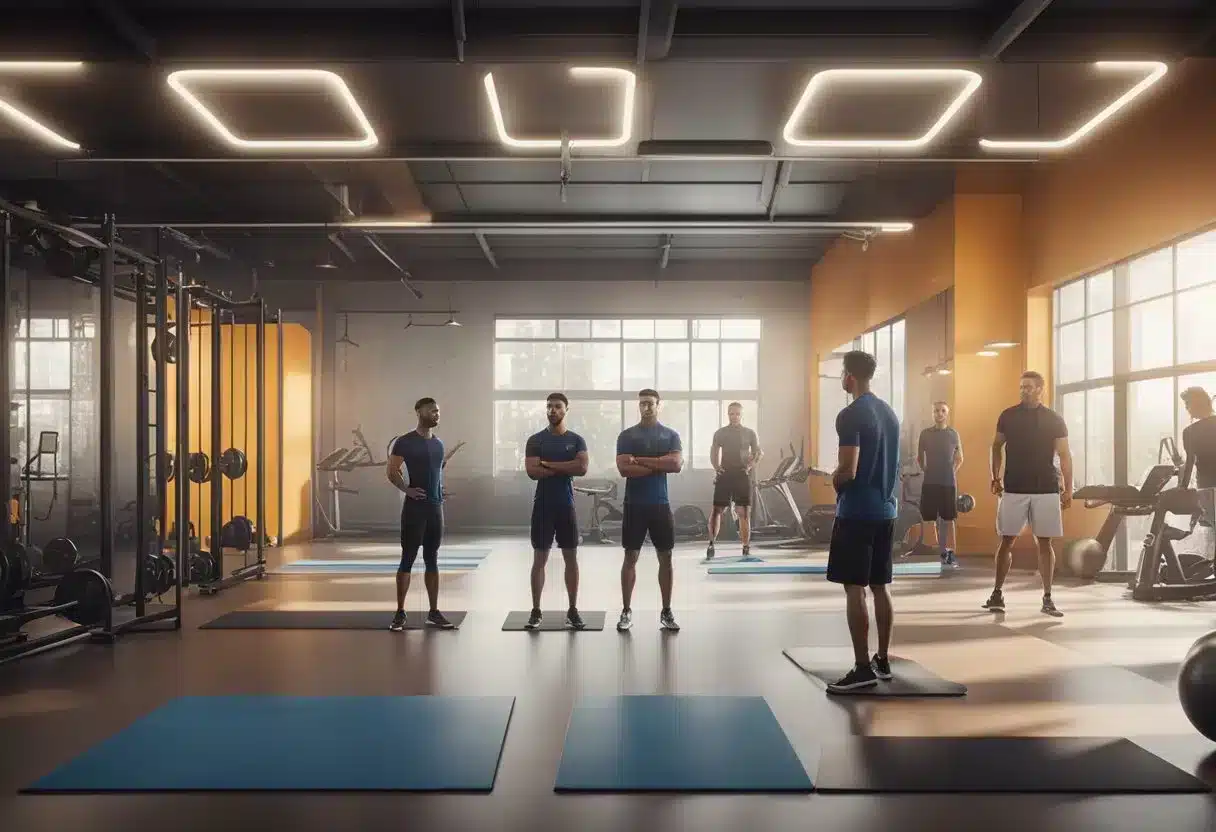 A gym setting with a fitness instructor explaining the afterburn effect to a group of attentive clients, with diagrams and charts displayed on the walls