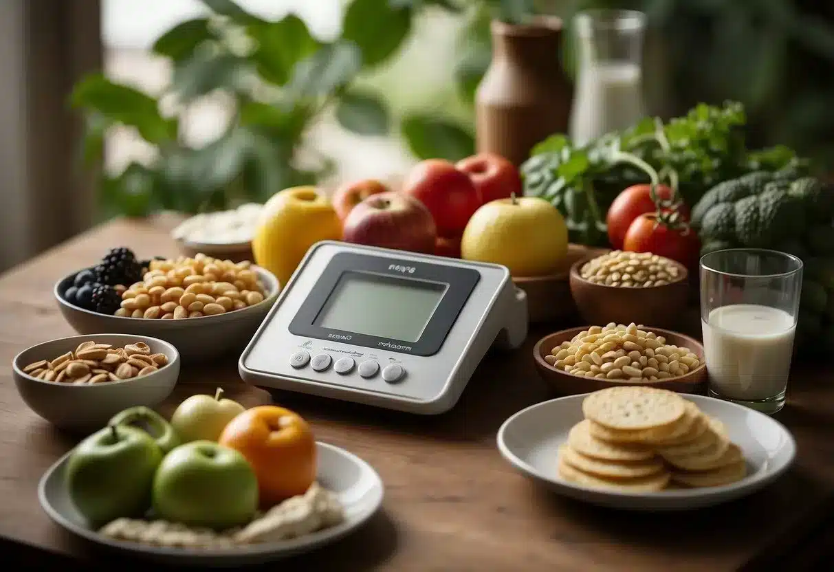 A table with a variety of healthy and indulgent foods, a scale, and a flexible dieting guidebook