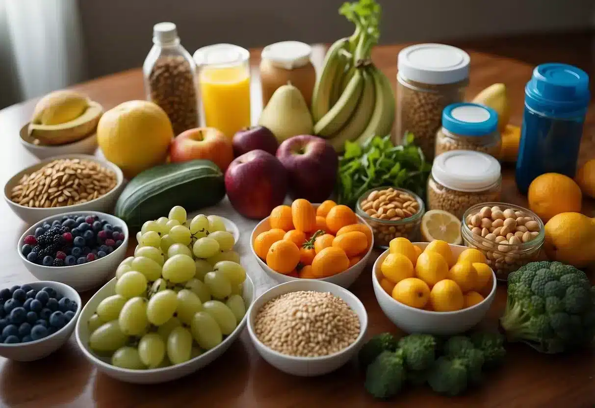 A diverse array of colorful fruits, vegetables, whole grains, and lean proteins arranged on a table, surrounded by reusable containers and water bottles