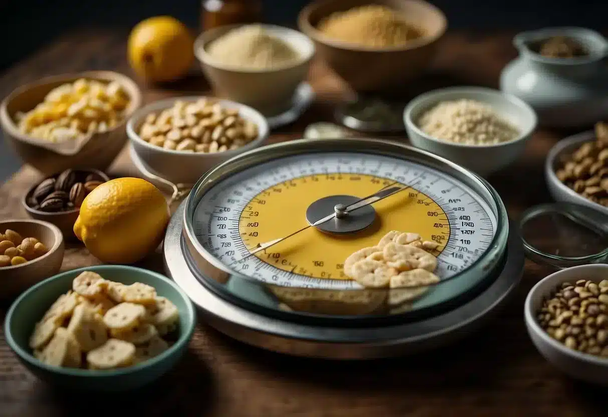 A scale with a measuring tape wrapped around it, surrounded by various food items with their macronutrient values listed