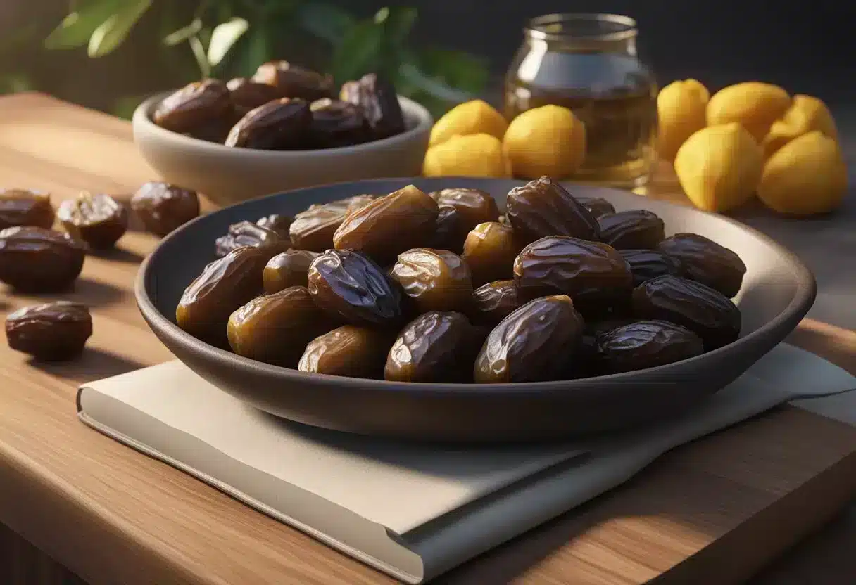 A bowl of fresh date fruits arranged on a wooden cutting board with a knife beside it. A cookbook open to a page about date fruit recipes in the background