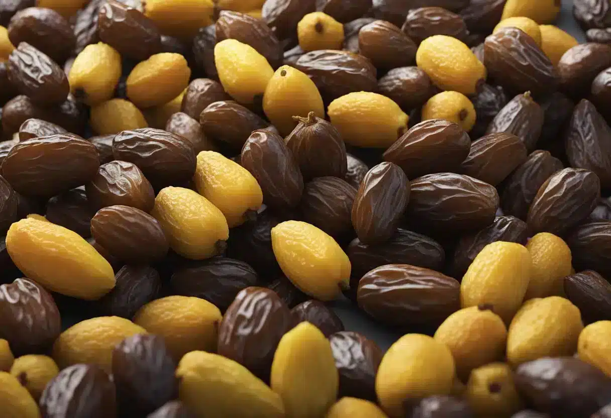 A pile of date fruits stands tall next to other fruits, showcasing their unique benefits
