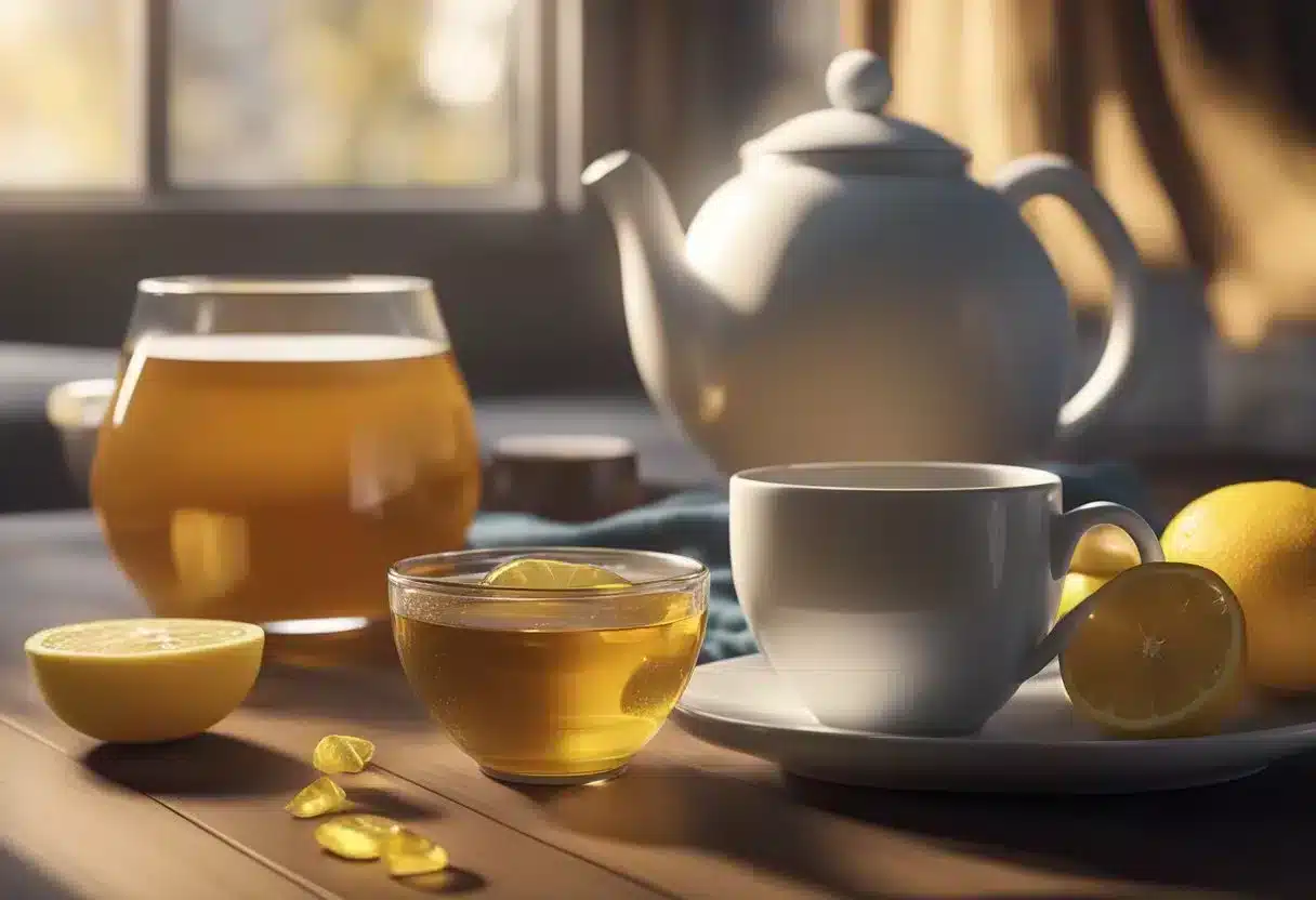 A steaming cup of tea with honey and lemon sits on a table next to a jar of soothing throat lozenges and a warm scarf