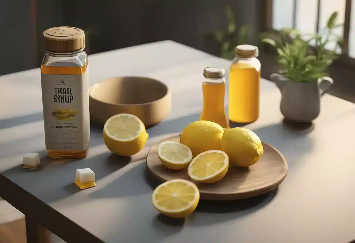 A table with a bottle of cough syrup, herbal tea, honey, and lemon next to a box of throat lozenges and a hot water bottle