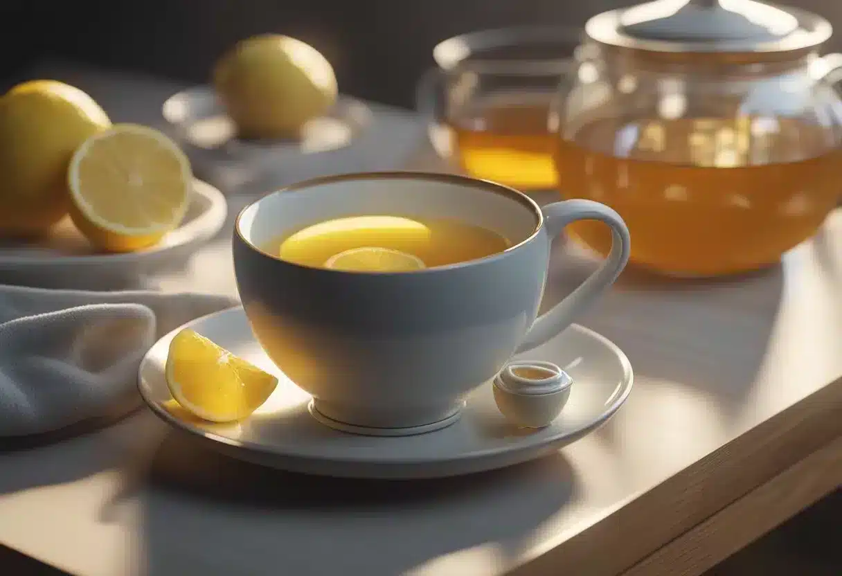 A steaming cup of tea with honey and lemon sits on a table next to a jar of soothing throat lozenges and a bowl of steamy chicken soup