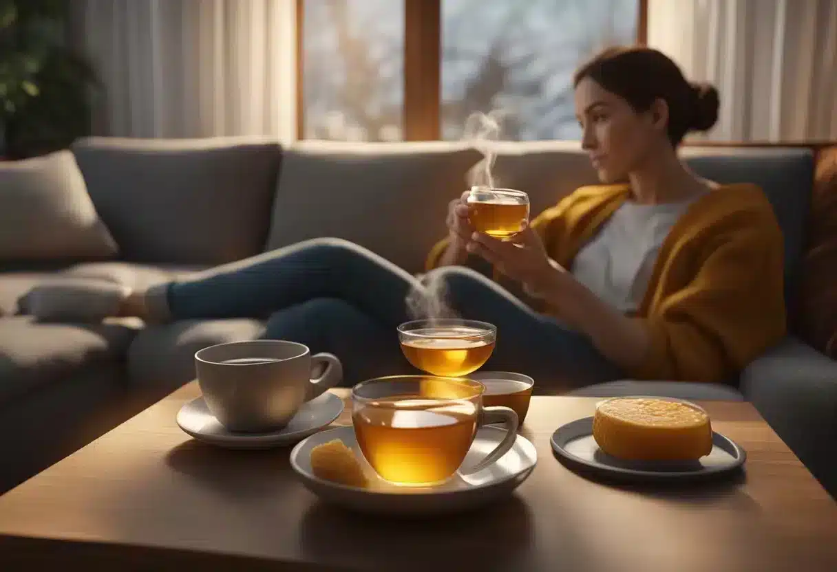 A person holding a warm cup of tea with honey, a bowl of steamy soup, and a soothing throat lozenge on a cozy couch
