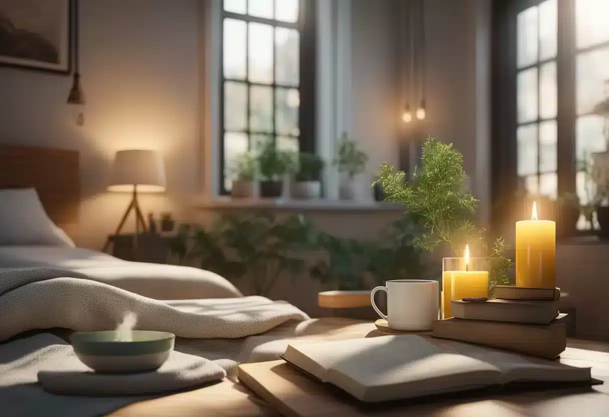 A cozy bedroom with a warm heating pad, herbal tea, essential oils, and a book on natural remedies for menstrual cramps