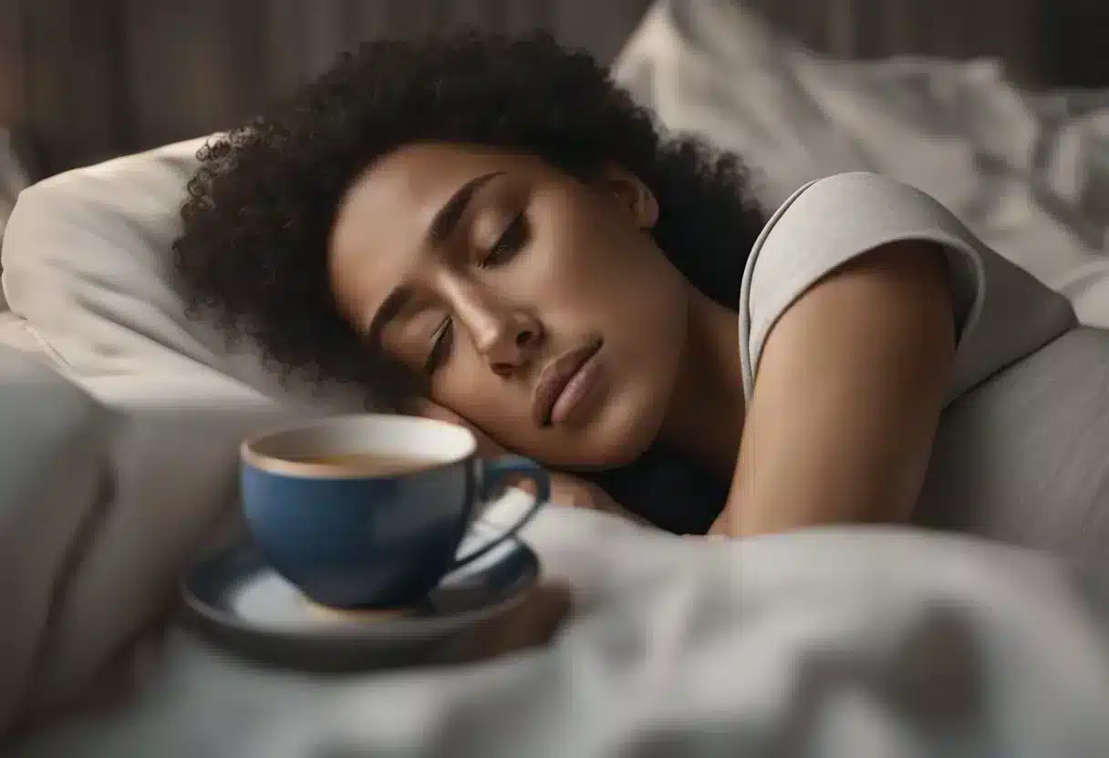 A woman lies curled up in bed, clutching her abdomen in pain. A hot water bottle and a cup of tea sit nearby, offering relief from menstrual cramps