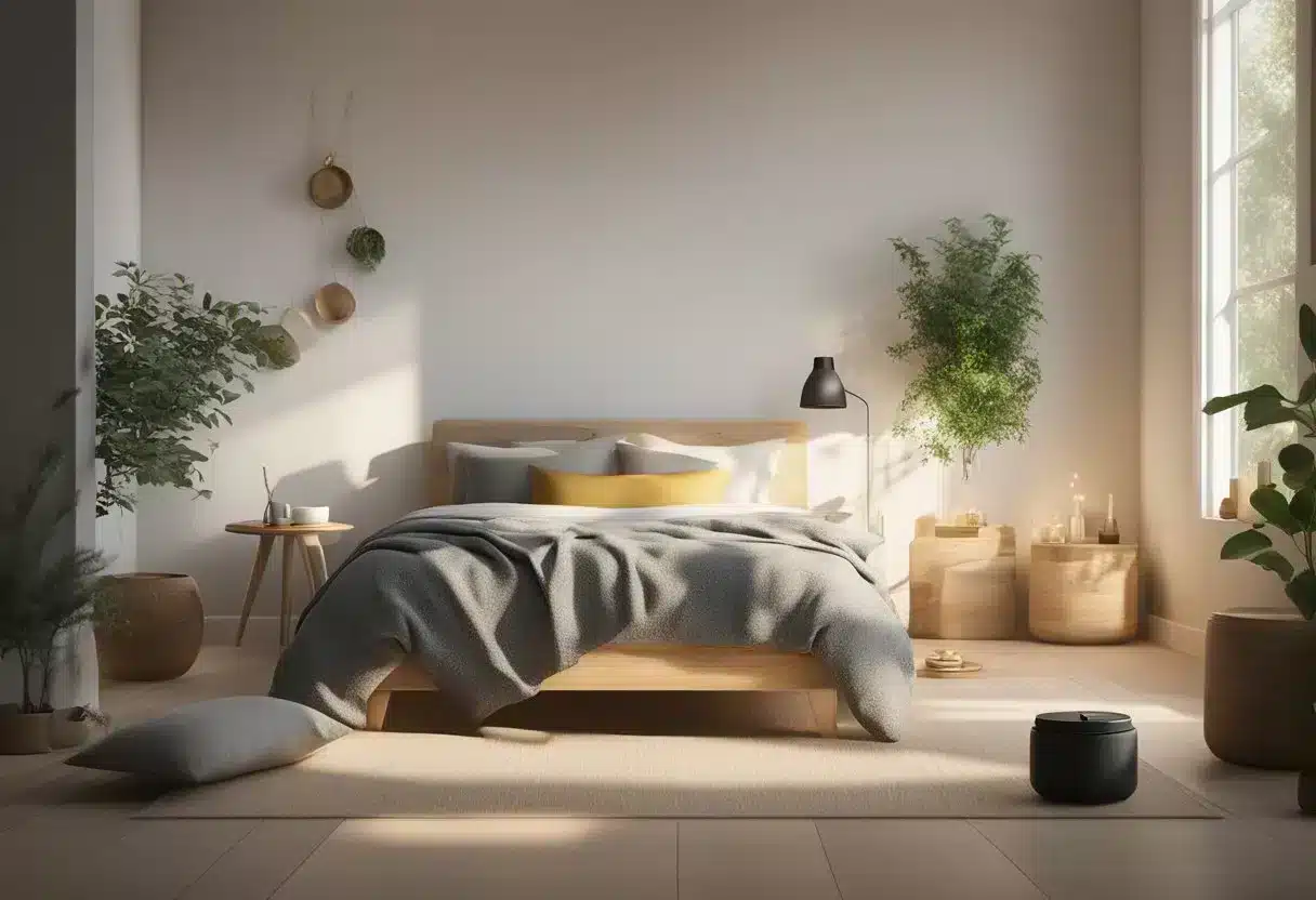 A cozy bedroom with a hot water bottle and herbal tea on a bedside table, a yoga mat on the floor, and a soothing essential oil diffuser in the corner