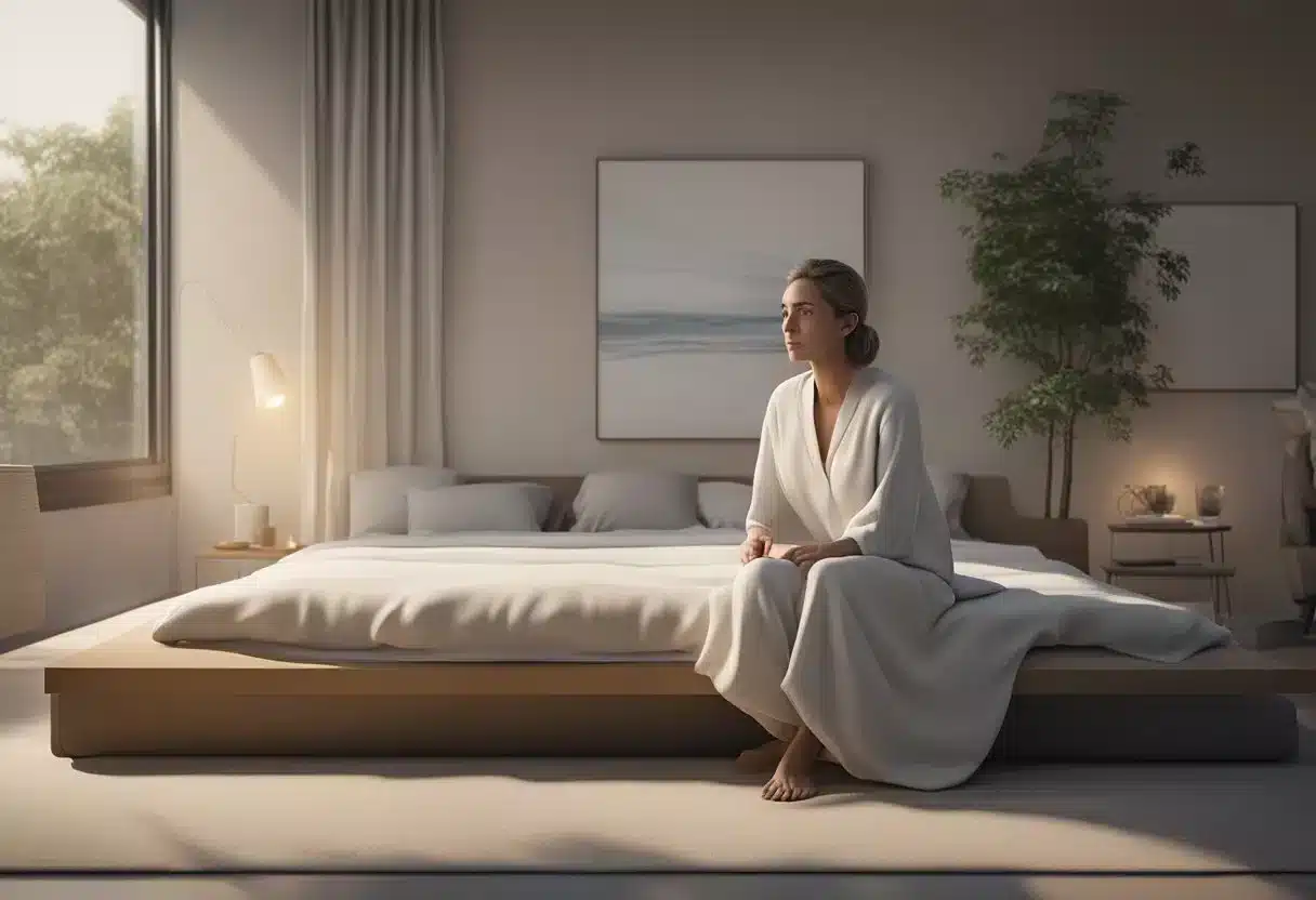 A woman sits on a bed, visibly uncomfortable, scratching her vaginal area. Various treatment options are displayed on a table next to her