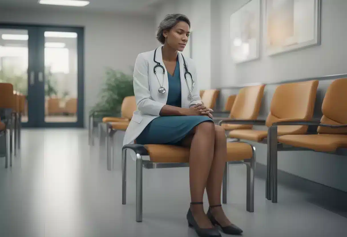 A woman sitting in a doctor's waiting room, visibly uncomfortable and scratching her vaginal area