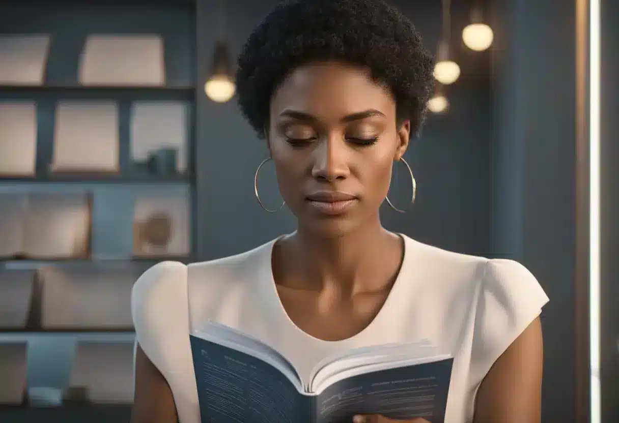 A woman reading a pamphlet titled "Frequently Asked Questions: Vaginal Itching" with a concerned expression on her face