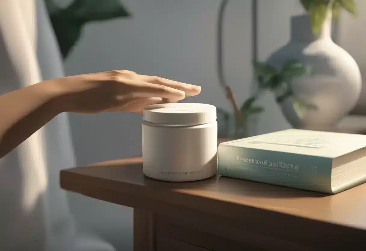 A woman's hand reaches for a soothing cream on a bedside table, next to a book titled "Prevention and Care for Vaginal Itching"