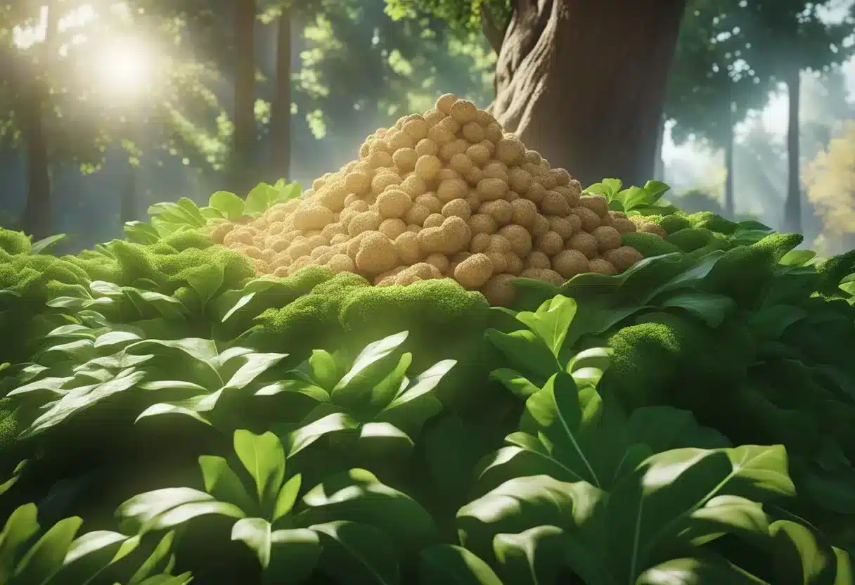A pile of maca root surrounded by vibrant green leaves, with a beam of sunlight shining down, highlighting its natural benefits