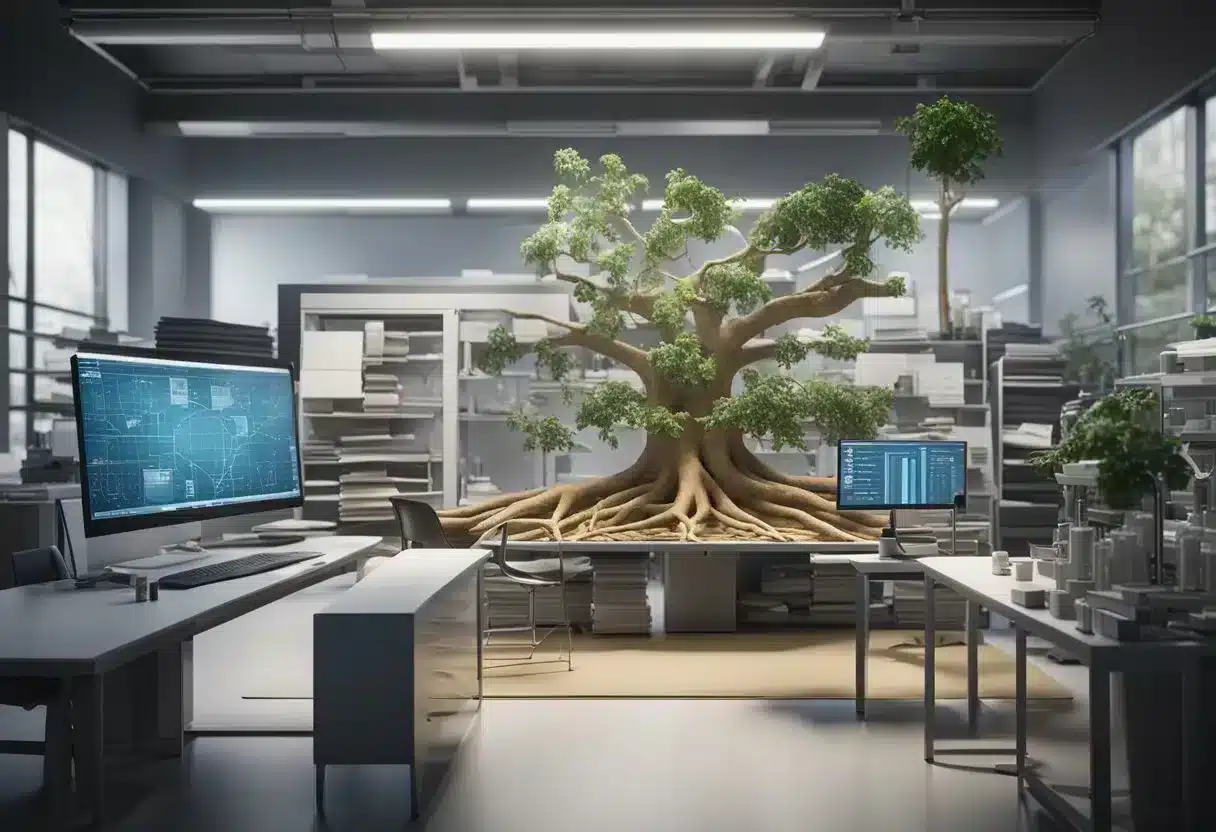 Maca root surrounded by lab equipment and research papers, indicating scientific study and benefits