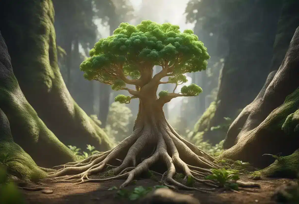 A vibrant maca root stands tall, surrounded by smaller roots. A scale nearby showcases its weight, while a sign lists its health benefits