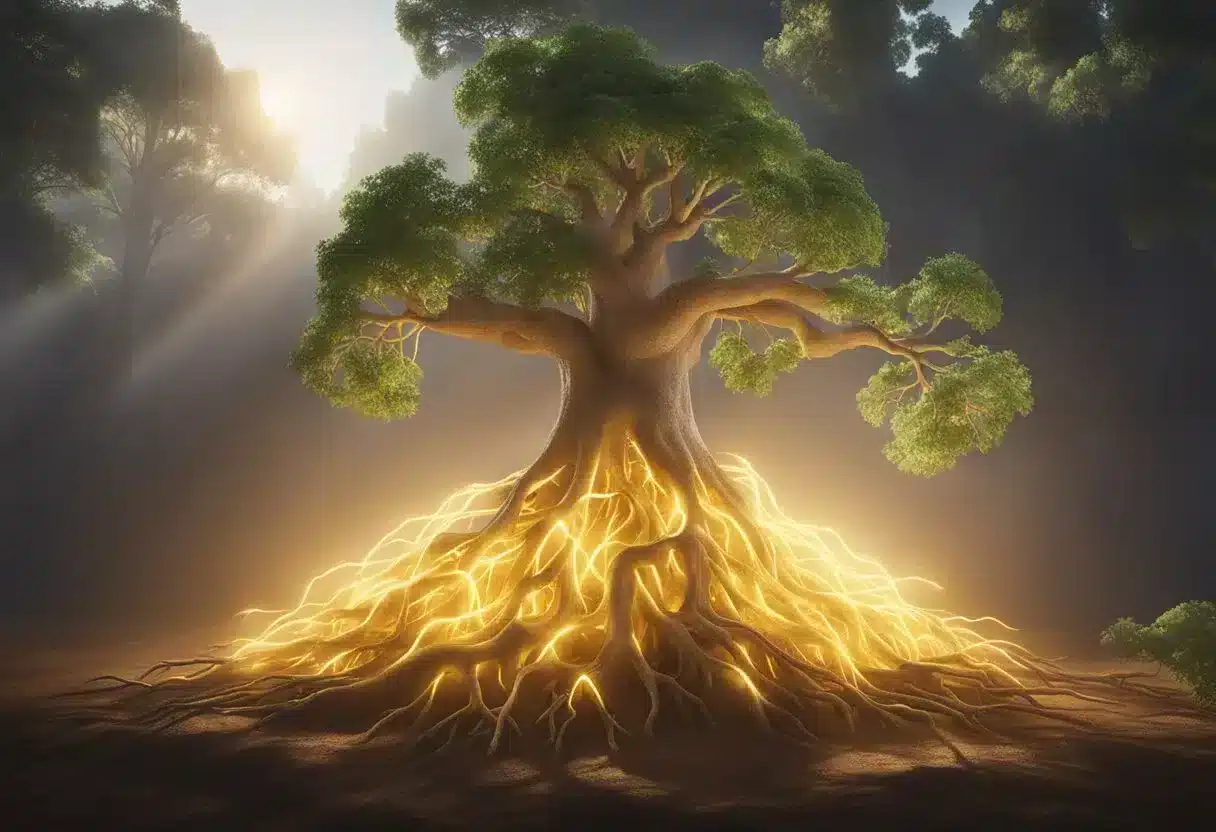 A pile of maca roots surrounded by a glowing aura, with beams of light emanating from them, symbolizing the numerous benefits of maca root