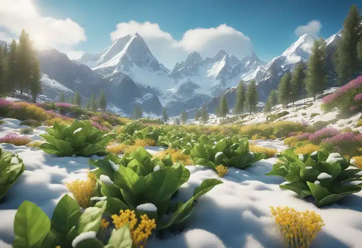 A vibrant field of maca plants with lush green leaves and sturdy stems, surrounded by a backdrop of snow-capped mountains and clear blue skies