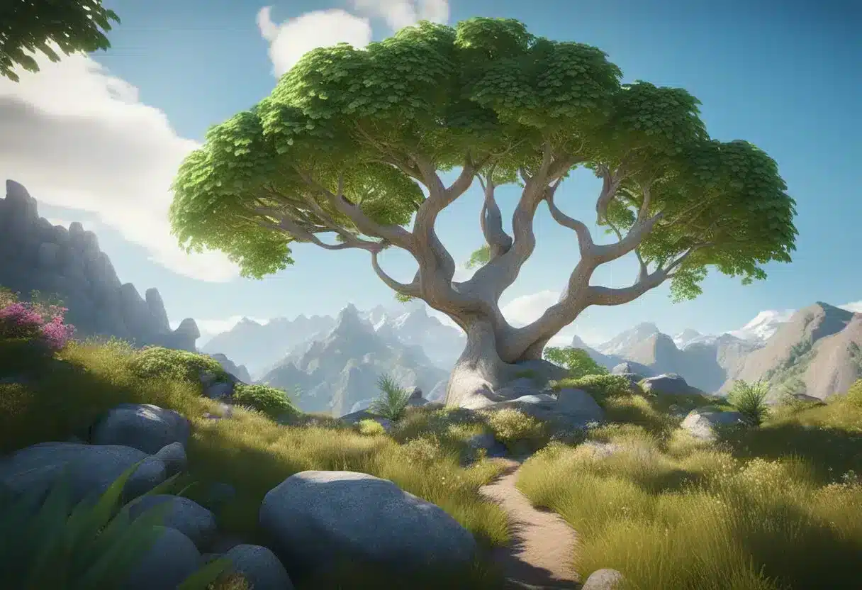 A serene mountain landscape with a maca plant in the foreground, surrounded by vibrant greenery and a clear blue sky, evoking a sense of calm and natural healing