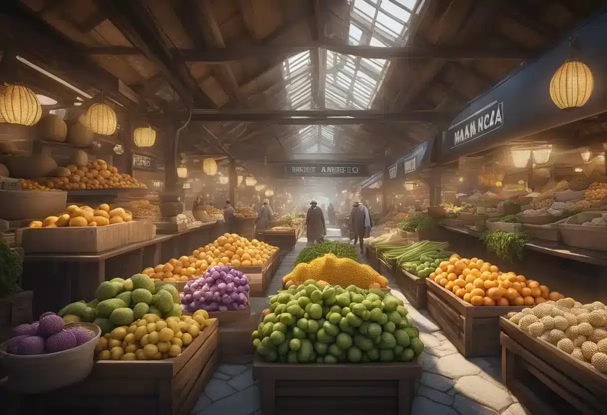 A vibrant market scene with maca root being traded, showcasing its historical and cultural significance