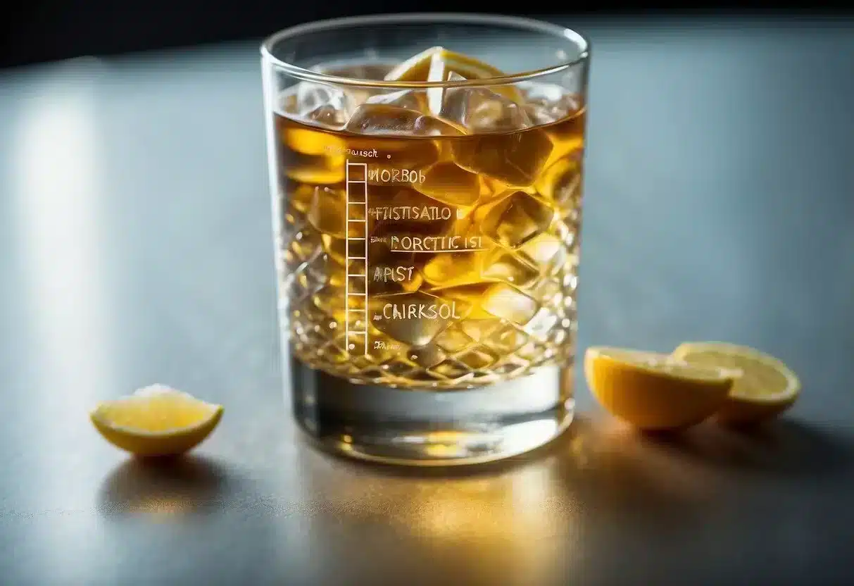 A glass filled with swirling liquid labeled "Cortisol Cocktail" with a list of benefits and risks written beside it