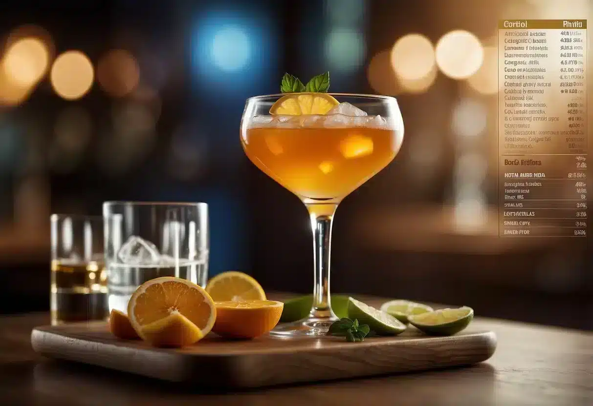 A cortisol cocktail being consumed, with a list of its nutritional profile, benefits, and risks displayed nearby