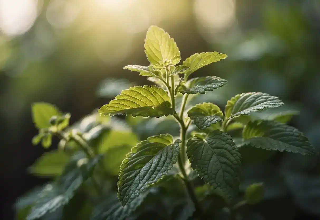 A lemon balm plant surrounded by text "Frequently Asked Questions Lemon balm: benefits, uses, and more."