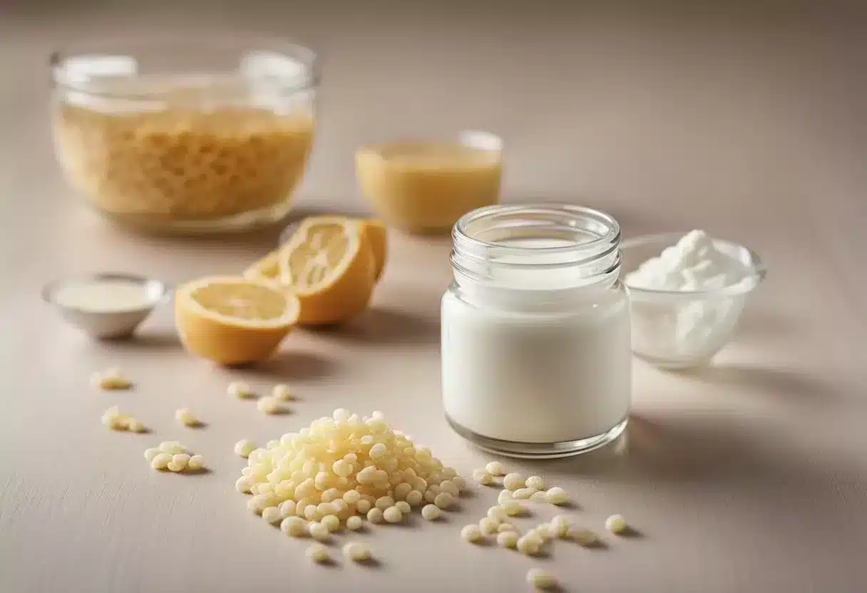 A microscope reveals the presence of yeast cells in a vaginal sample, surrounded by inflammatory cells. A bottle of probiotics and a bowl of yogurt sit nearby as potential home remedies