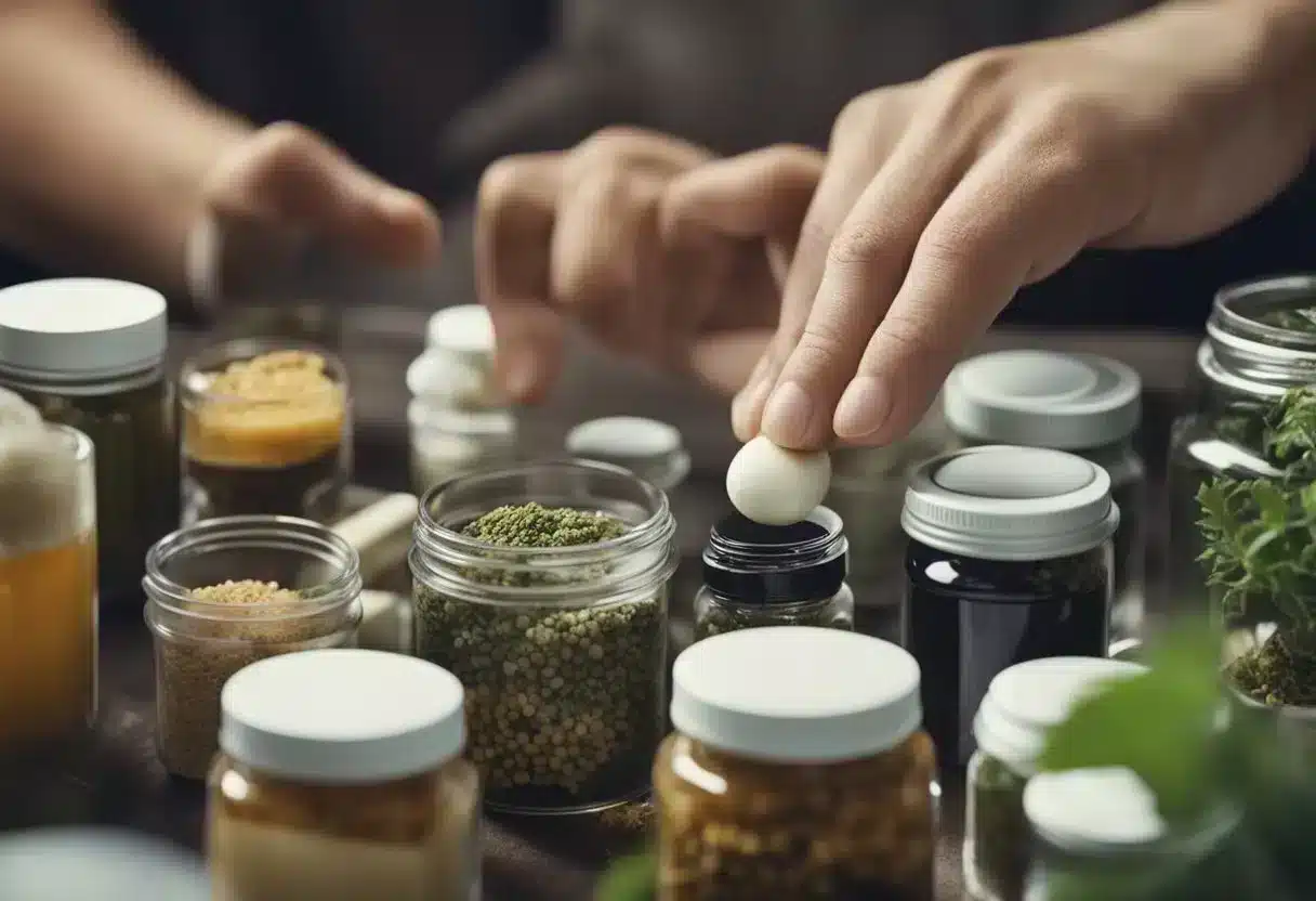 A person researching yeast infection remedies online, surrounded by herbal supplements and natural remedies