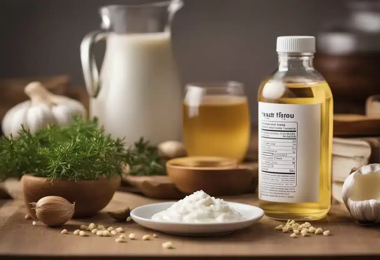 A table with natural ingredients like yogurt, garlic, and tea tree oil. A woman reading a book titled "Yeast Infection Home Remedies" in the background
