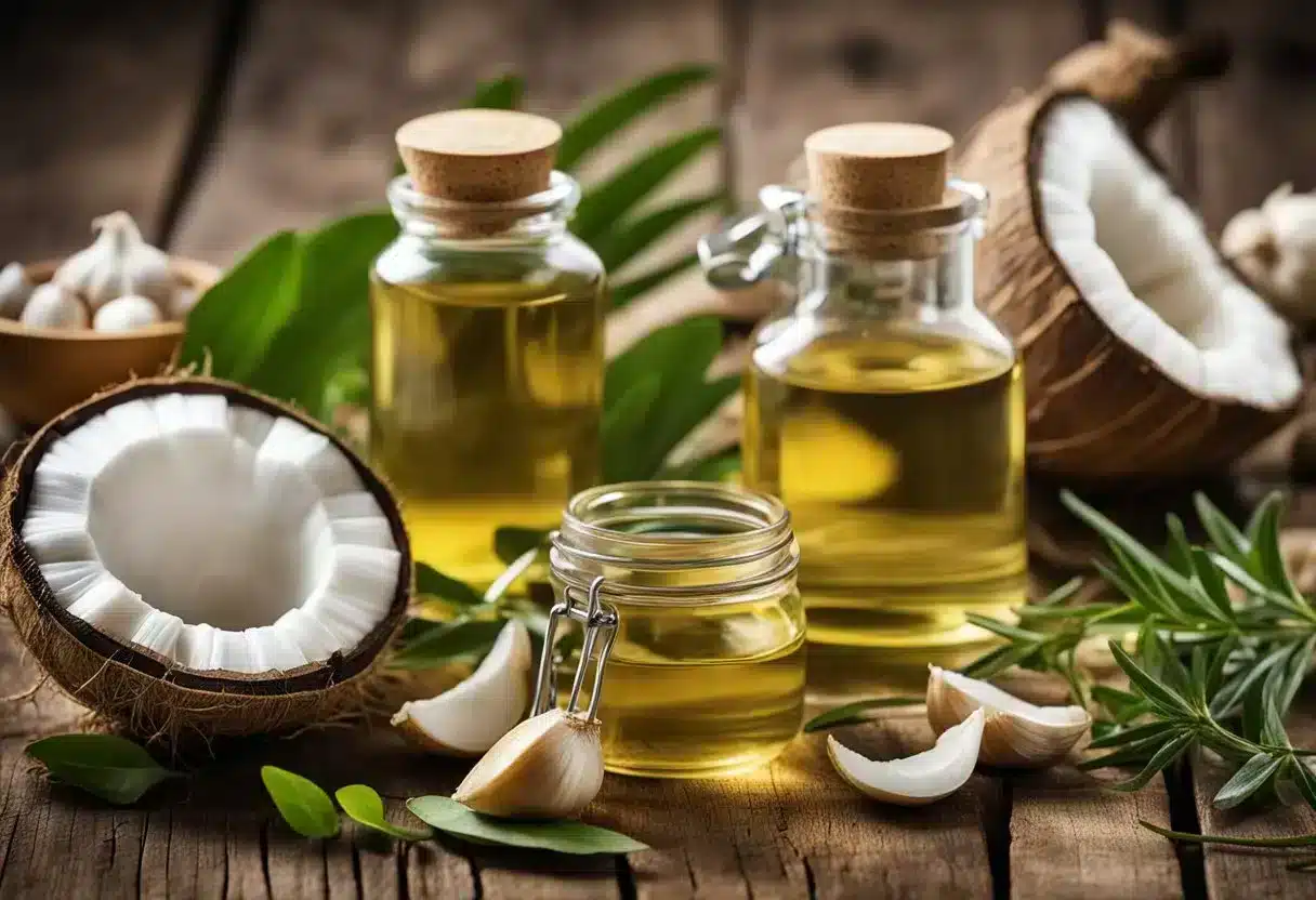 Various natural antifungal remedies displayed on a rustic wooden table with ingredients like garlic, coconut oil, tea tree oil, and probiotic-rich foods