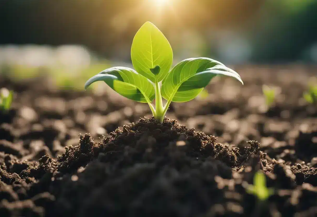 A plant growing from soil with roots absorbing nutrients and water, while sunlight stimulates growth