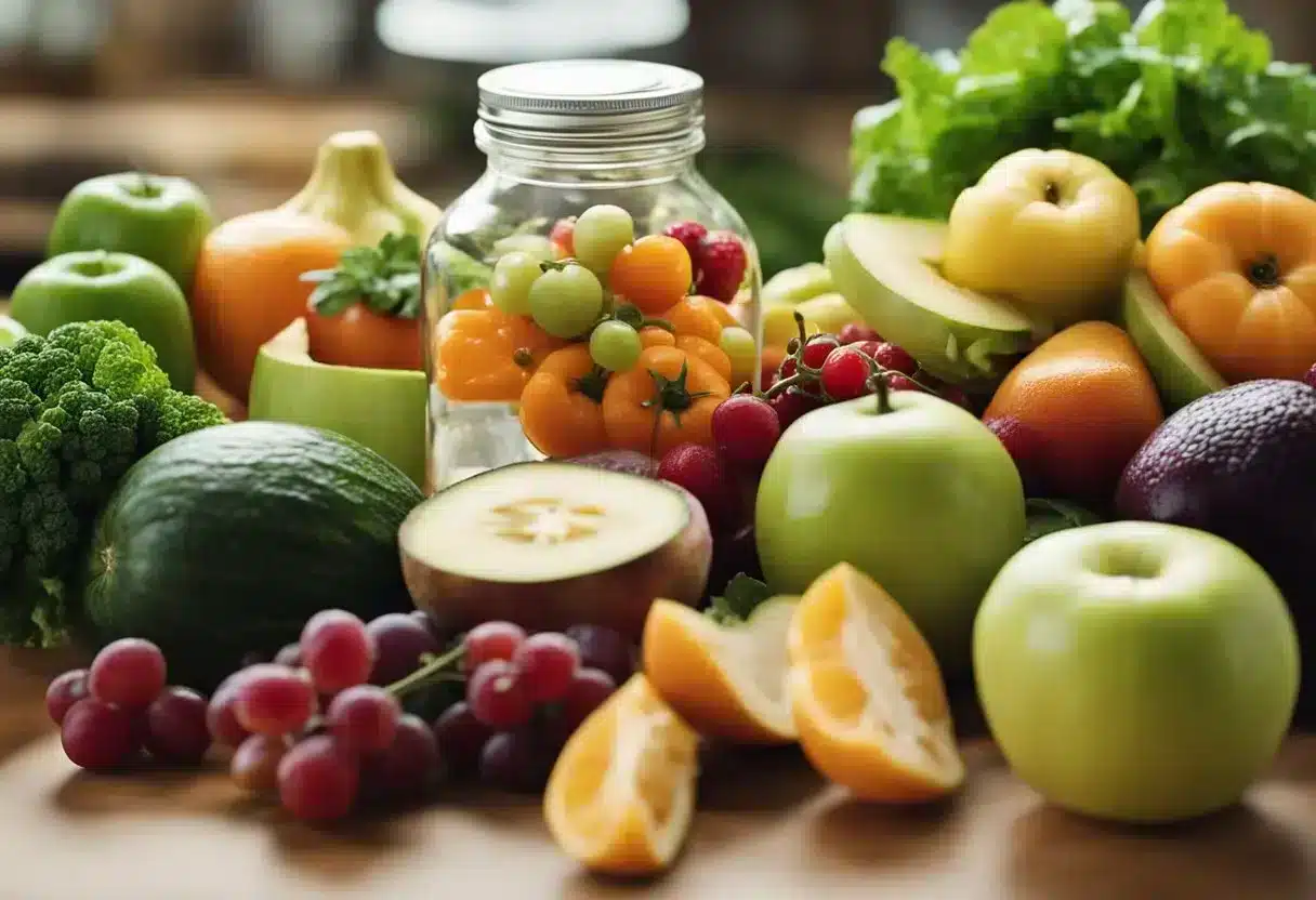 A variety of nutrient-rich foods, such as fruits, vegetables, and proteins, are displayed on a table. A bottle of water sits next to the food