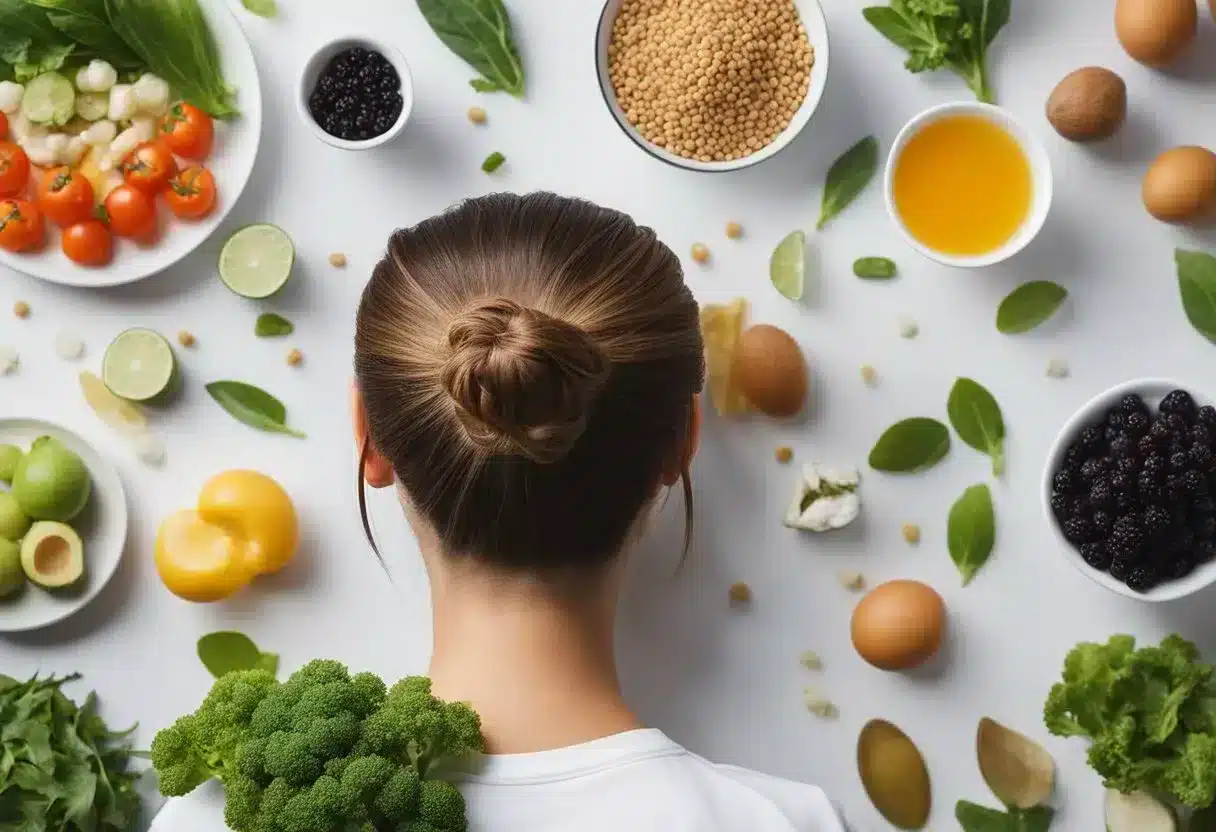 A healthy scalp surrounded by nourishing foods, exercise, and stress-free environment