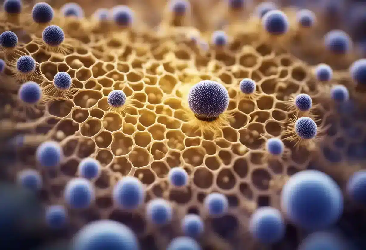 A microscope magnifies a hair follicle, showing cells dividing and nutrients being absorbed, illustrating the process of hair growth