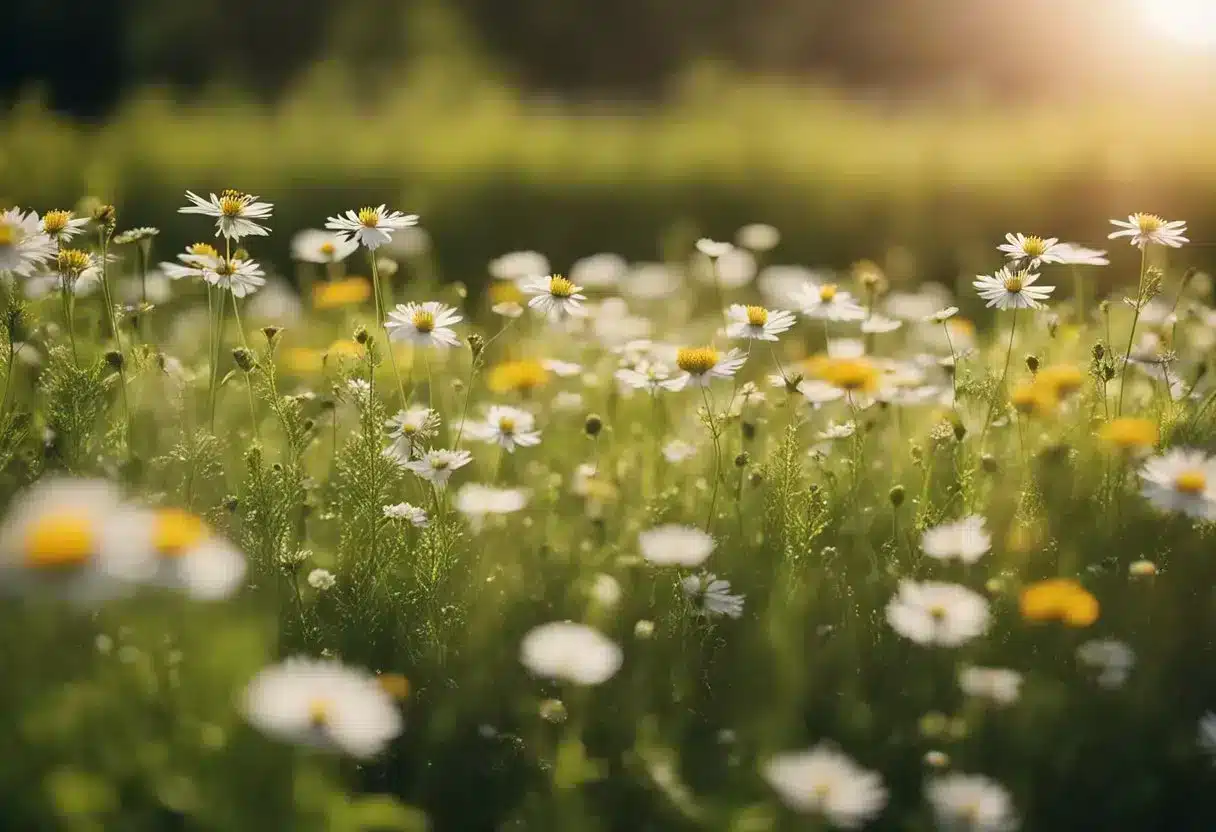 A field of blooming herbs and flowers, with a sun shining overhead and a gentle breeze blowing through the plants