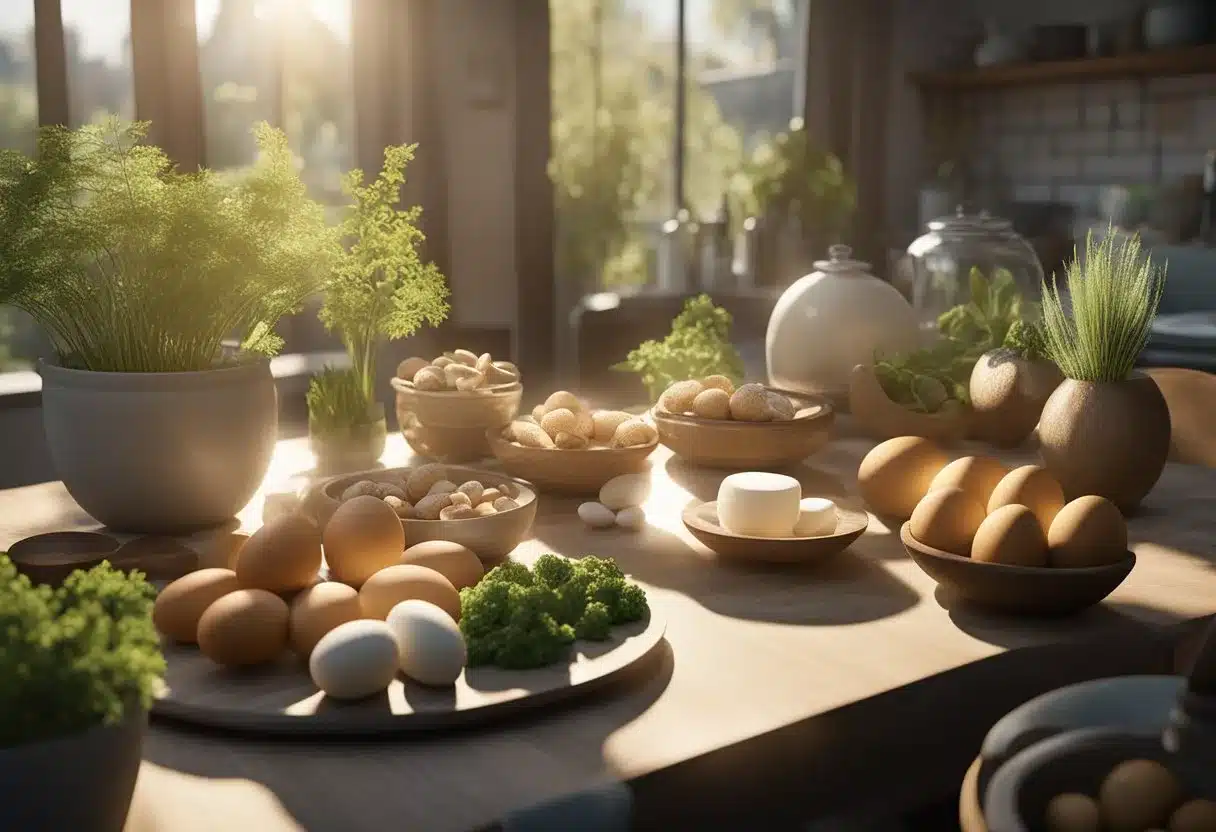 Sunlight shines on various foods like fish, eggs, and mushrooms, emphasizing their rich Vitamin D content