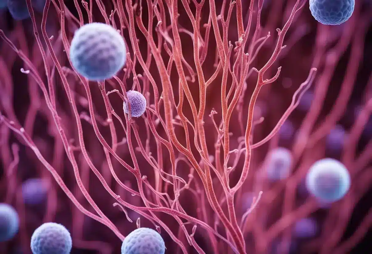A close-up of a healthy hair follicle with blood vessels and nutrients surrounding it, illustrating the biological factors influencing hair growth