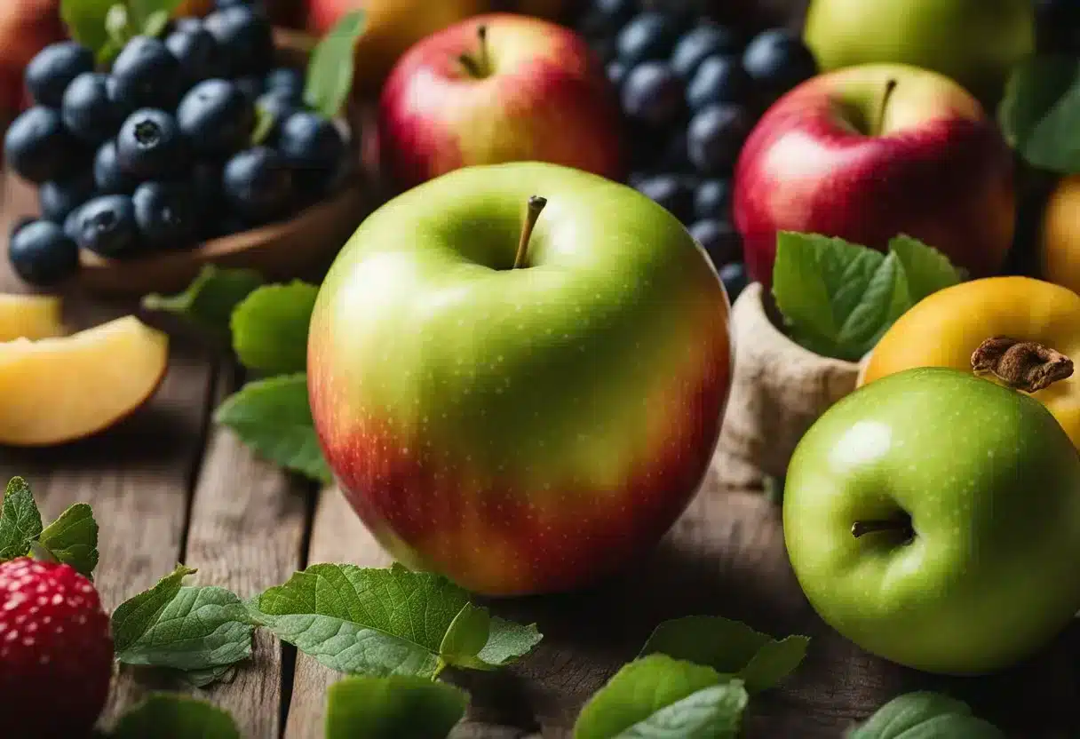 A whole apple surrounded by various other fruits, with a calorie count displayed next to it for comparison