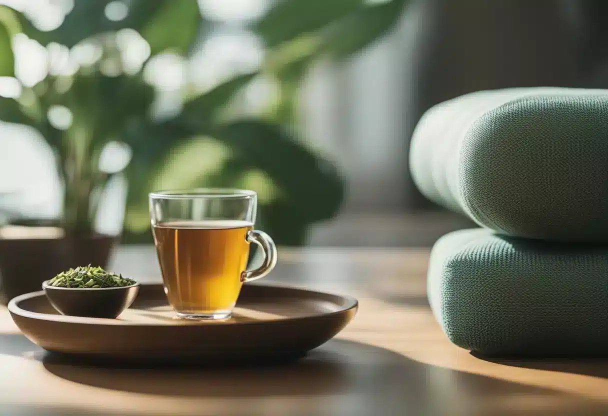 A serene setting with yoga mat, meditation cushion, herbal tea, and calming music