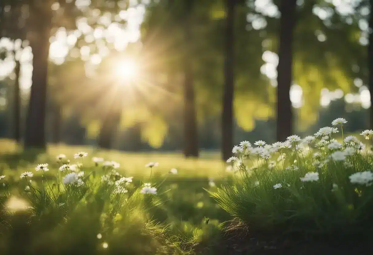 A serene setting with calming elements such as nature, soft lighting, and soothing colors to illustrate ways to lower cortisol levels