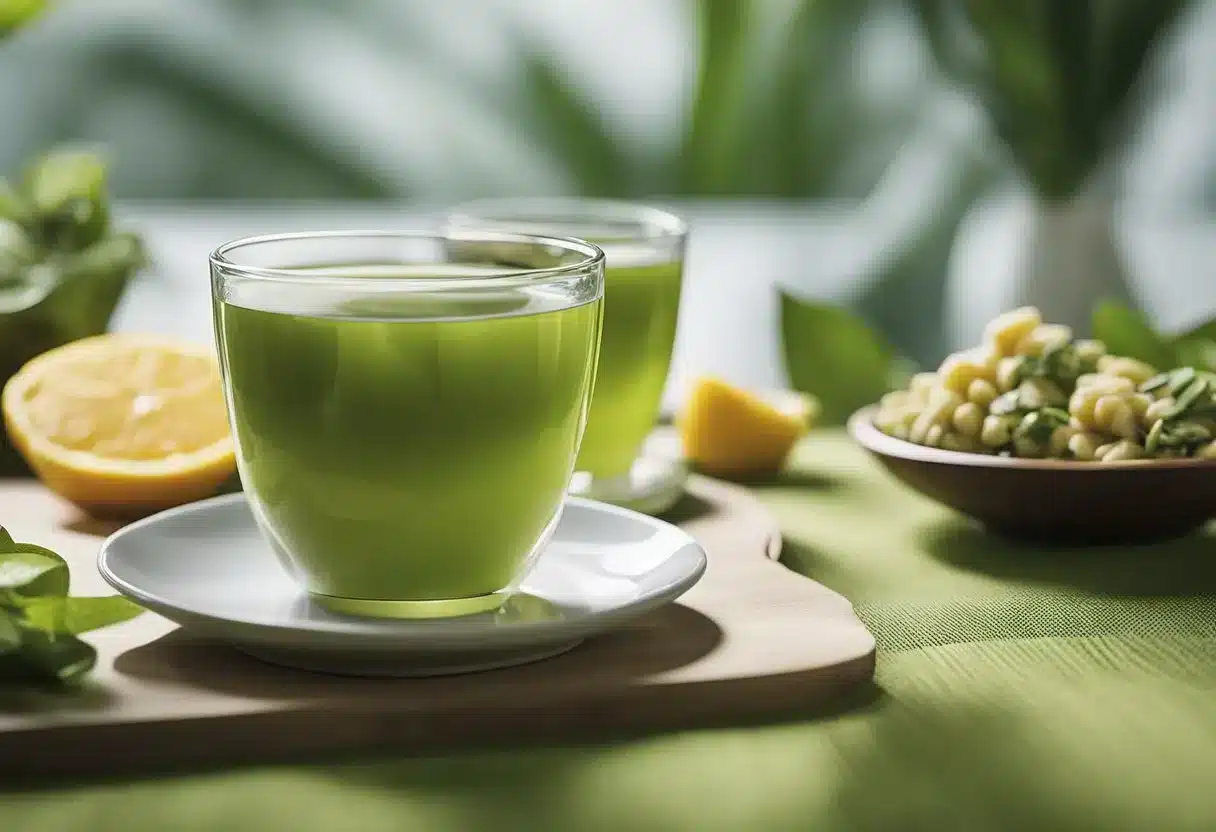 A serene setting with a variety of healthy foods and calming elements, such as green tea and yoga mats, to represent nutritional strategies for lowering cortisol levels