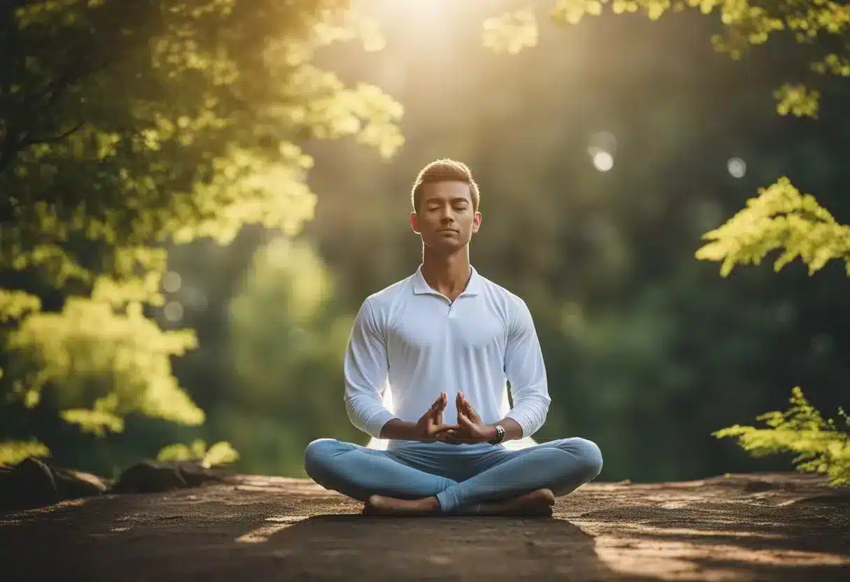 A person meditates in a peaceful setting surrounded by nature, practicing deep breathing and yoga to reduce stress and lower cortisol levels