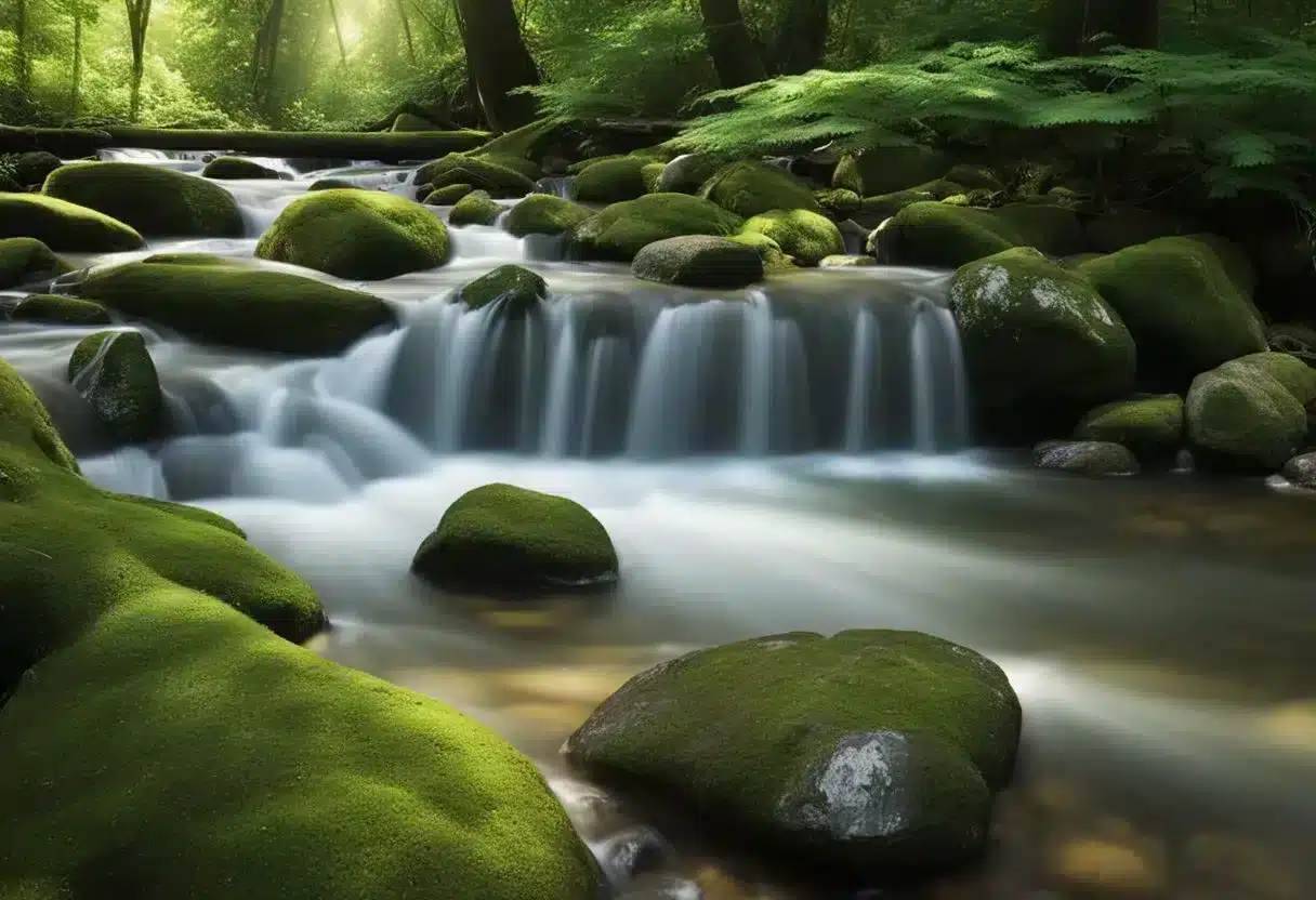 A serene natural setting with calming elements such as flowing water, gentle sunlight, and soothing greenery