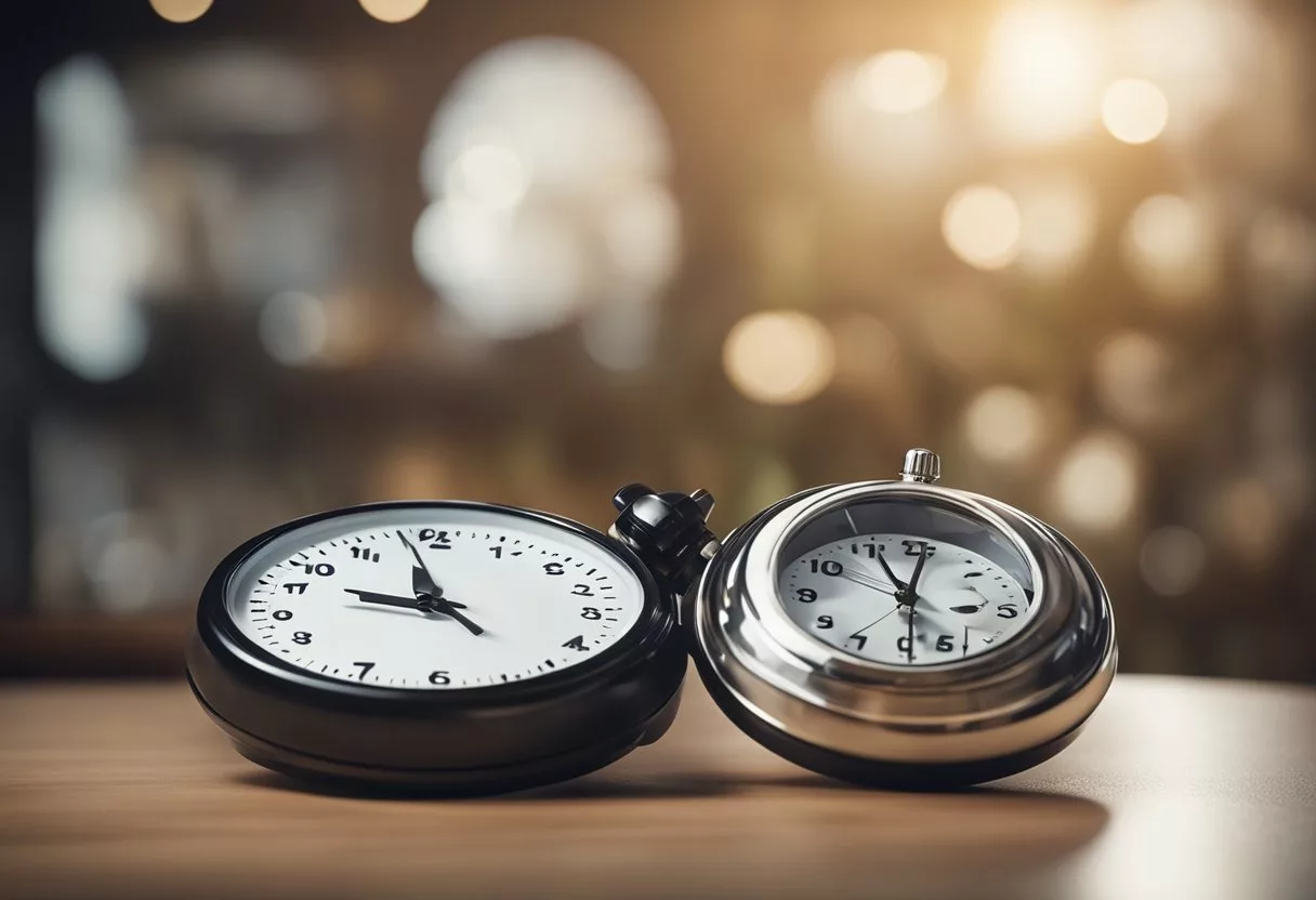 A clock showing different fasting schedules with food and water nearby