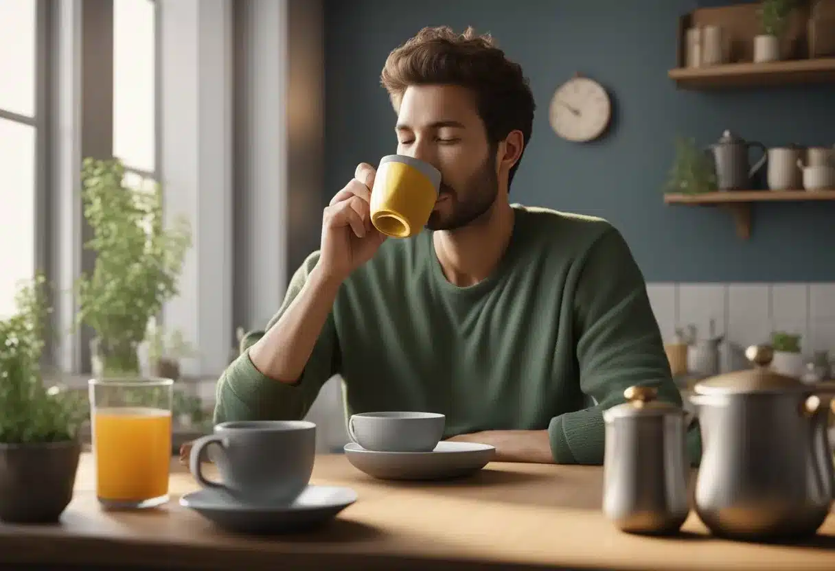 A person drinks herbal tea and applies a warm compress to their stomach to relieve gas